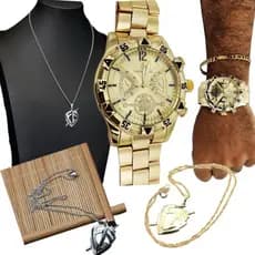 Kit Presente Masculino Corrente Fé + Relogio Dourado de aço + pulseira 18k Produto Premium Exclusivo 2024