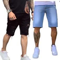 Kit 2 Bermuda jeans rasgada + Bermuda lisa Masculina Slim Promoção Produto Premium Exclusivo 2025