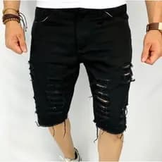 Bermuda Jeans Masculina Rasgada Sarja Destroyed Preta direto da fabrica Premium Exclusivo 2025