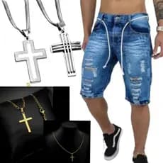 Bermuda Short Masculino Rasgado Premium slim + Corrente Cruz 18k Produto Premium Exclusivo 2025