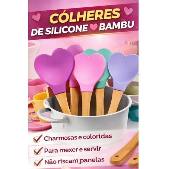 Colher Espátula Silicone Coração com Cabo de Bambu | Utensílio Cozinha Antiaderente (Unidade)