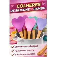 Colher Espátula Silicone Coração com Cabo de Bambu | Utensílio Cozinha Antiaderente (Unidade)