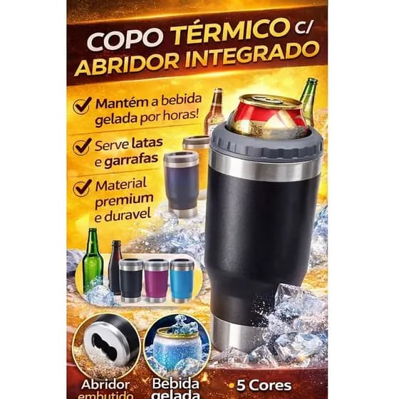 Copo Térmico com Abridor Integrado em Aço Inox | Mantém Bebida Gelada por Horas