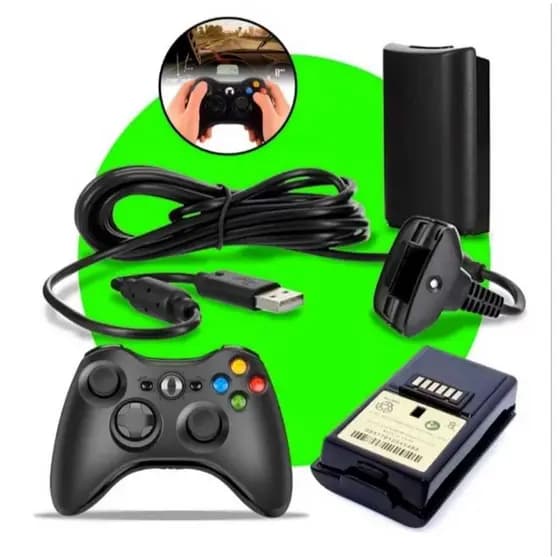 Kit Controle Xbox 360 Sem Fio Preto + Bateria + Carregador + Suporte de Pilhas + Cabo USB