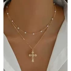 Colar Elegante com Pingente de Cruz em Camadas Múltiplas - Cruzes Adequadas para Uso Diário