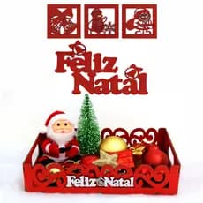 Kit Bandeja Decorativa Aplique de Parede Quadro MDF Tema Natal Feliz Natal Vermelho