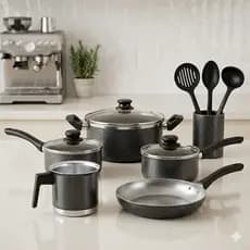 Conjunto de Panelas com 5 Peças Tampa de Vidro Kit Cozinha Completa Frigideira Leiteira Panelas + kit com 3 espátulas