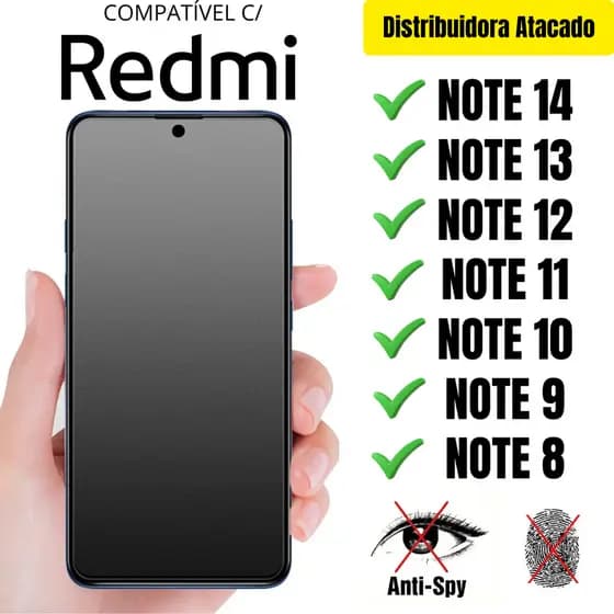 Película Cerâmica Privacidade Fosca 3D P/ Redmi Note 14 / 13 / 12 / 11 / 10 / 9 / 8 Matte AntiSpy