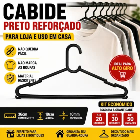 Kit 20 30 40 50 Cabide simples Adulto preto: 50