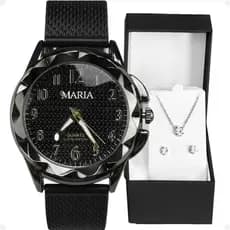 Relogio Feminino Preto Inox Aço + Colar + Brincos + Caixa prova dagua qualidade premium silicone