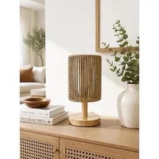 Abajur de Mesa em Madeira e Corda – Estilo Rústico/Boho 220v