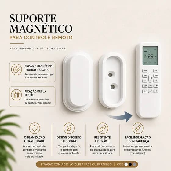Suporte Controle Remoto Magnético de Parede Ar Condicionado TV Som Fixação Dupla Face ou Parafuso