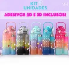 Kit 03 Garrafa De Água Squeeze Motivacional Academia Galão Grande Degrade Adesivo 2D e 3D 2Litros 900ML 300ML