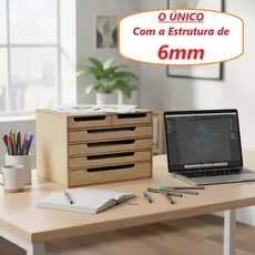 Gaveteiro para folhas de sulfito A4 com 6 gavetas em MDF 6mm, ideal para escritório e escritório. Suporte para monitor