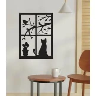 Quadro Decorativo Gato na Janela MDF Preto Fosco Quadro Vazado Decoração Pet