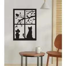 Quadro Decorativo Gato na Janela MDF Preto Fosco Quadro Vazado Decoração Pet