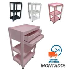 Carrinho auxiliar rosa branco preto com roda organizador manicure salão de beleza porta objetos