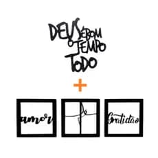 Kit Deus é Bom o Tempo Todd + Quadros Decorativos Fé Amor Gratidão 4 Peças Mdf Preto Quadros Quarto Sala Decoração