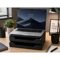 Organizador 2 Gavetas Preto Folha Sulfite A4 e Suporte Base Monitor Gaveteiro MDF Papel A4