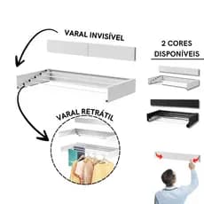 Varal Retrátil Invisível Mágico 15 kg Alumínio Parede Branco Preto