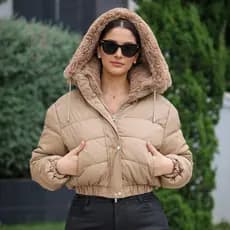 Blusa De Frio Feminina Jaqueta de Couro Casaco Cropped Puffer Frio Inverno Capuz Removivel