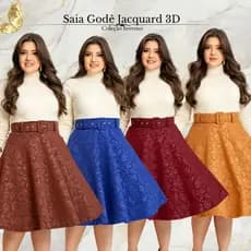 Saia Godê Preta Com Cinto Moda Evangélica  jacquard 3D