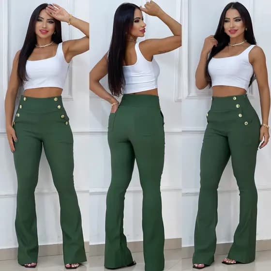 Calça Flare Feminino Botões Dourado Bengaline Cintura