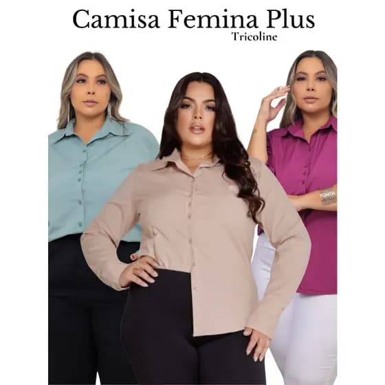 Camisa Feminina Social Plus Size Manga Longa