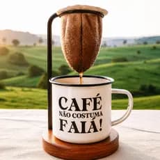 Caneca Esmaltada Personalizada e Mini Coador de Madeira  - Café não costuma faiá [350ml].