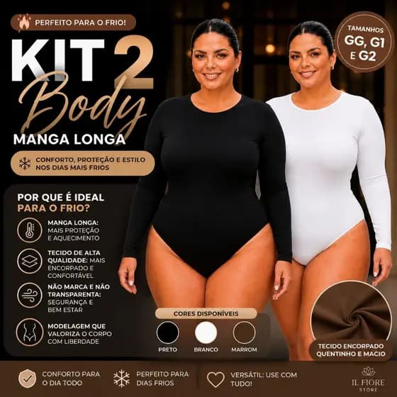 Kit 2 Body Feminino Manga Longa Plus Size Body Manga Comprida Suplex Segunda Pele Inverno Bodi Básico Casual Gola Careca