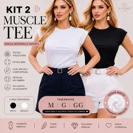 Kit 2 Blusa Feminina Muscle Tee T-Shirt Viscolycra Casual Básica Camiseta Lisa Tendência Blusa Algodão Camiseta Lisa