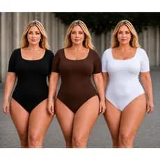 Kit 3 Body Feminino Manga Curta Plus Size Confortável Liso Básico Collant Suplex Modelador GG G1 G2 Casual Forro Duplo