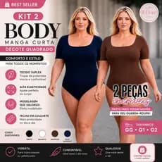 Kit 2 Body Plus Size Manga Curta Com Decote Quadrado Suplex Premium Confortável Modelador Body Básico Casual