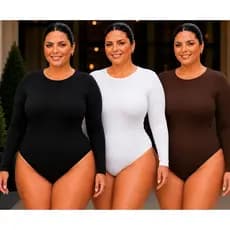 Kit 3 Body Plus Size Manga Longa Suplex Premium Feminino GG G1 G2 Confortável Gola Careca Gola Redonda 3 Peças Básico