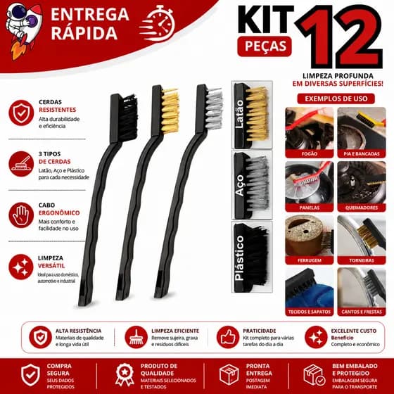 Kit 12 Super Escovas Multiuso Profissional Aço Inox Latão Nylon Limpeza Pesada Ferrugem Grelha Joias