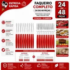Faqueiro 48 Talheres Garfo e Faca Cabo Preto Vermelho