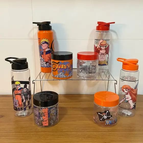 Garrafa 750ml e Pote 500ml Anime - Lanche Escola - Garrafinha de Água - One Peace - Naruto