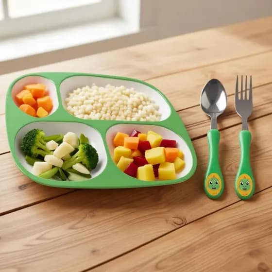Kit Introdução Alimentar - Prato + Conjunto de Talher - Bebê Criança - Inox Plástico BLW