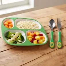 Kit Introdução Alimentar - Prato + Conjunto de Talher - Bebê Criança - Inox Plástico BLW