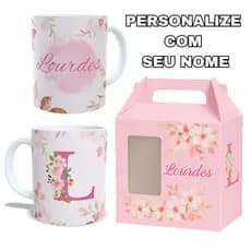 Caneca Com Inicial e Nome Floral Porcelana Personalizada 325ml Temos Todas as Letras Presentes