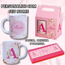 Kit Caneca de Porcelana + Toalhinha Personalizada Com Nome e Inicial Floral Presentes