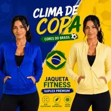 Jaqueta Fitness Feminina Brasil Copa do Mundo Azul e Amarela Academia Bomber Suplex Premium