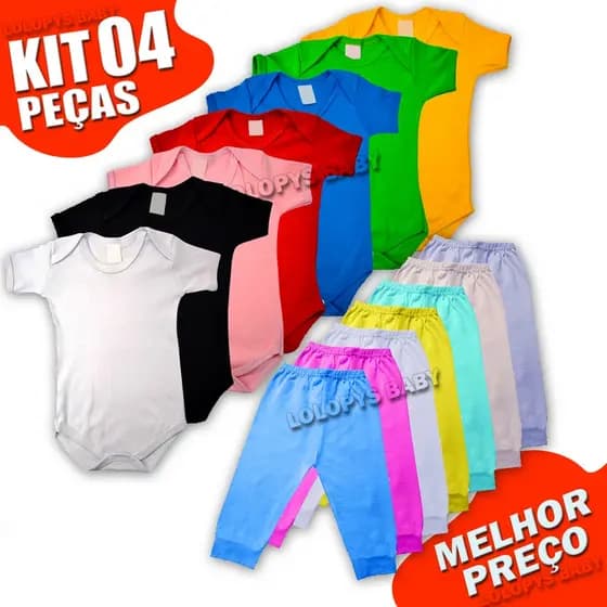 Kit bebe 4 peças -  Body bebe e Calça Mijão (Rn P M e G)