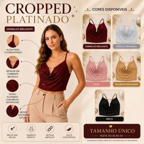 Cropped Feminino Platinado Brilho Elegante com Corrente Decote Drapeado Festa Moda