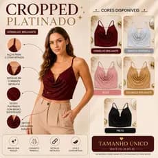 Cropped Feminino Platinado Brilho Elegante com Corrente Decote Drapeado Festa Moda