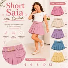 Short Saia Infantil em Linho com Cinto Feminino Plissado Moda Menina Elegante