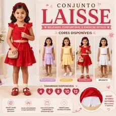 Conjunto Infantil Feminino Laise Bordado com Short Interno de Forro Cropped e Saia 4 ao 12