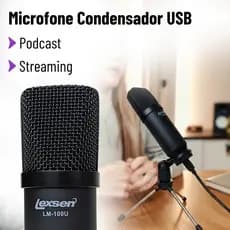 Microfone Condensador de Mesa USB Profissional Lexsen LM100U + Tripe Microfone Podcast USB RGB Gamer