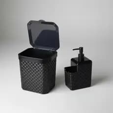 Kit Jogo de Pia Cozinha Preto Dispenser Detergente 2 em 1 cm Porta Esponja + Lixeira 5 Litros