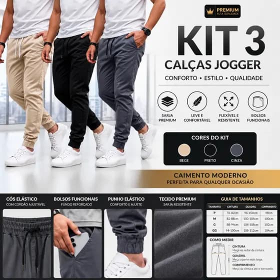 Calça Jogger Masculina Sarja Elástico Punho Cintura  Cordão Premium Confortável